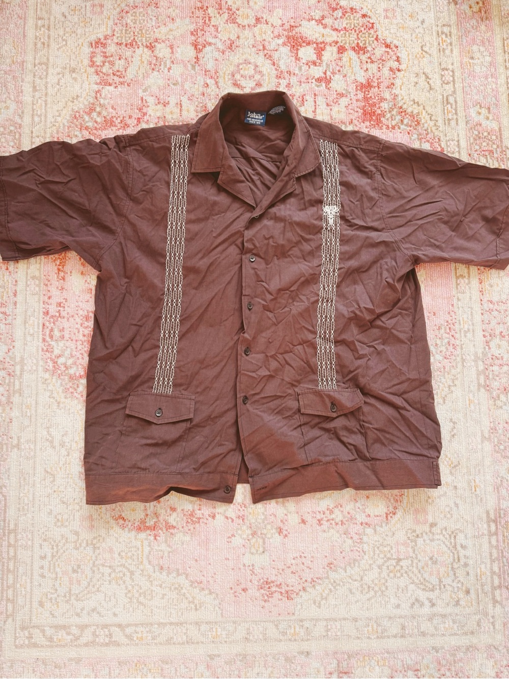 John Blair, Classic Men’s Vintage Brown Embroidered Cuban Shirt Jacket - Brown